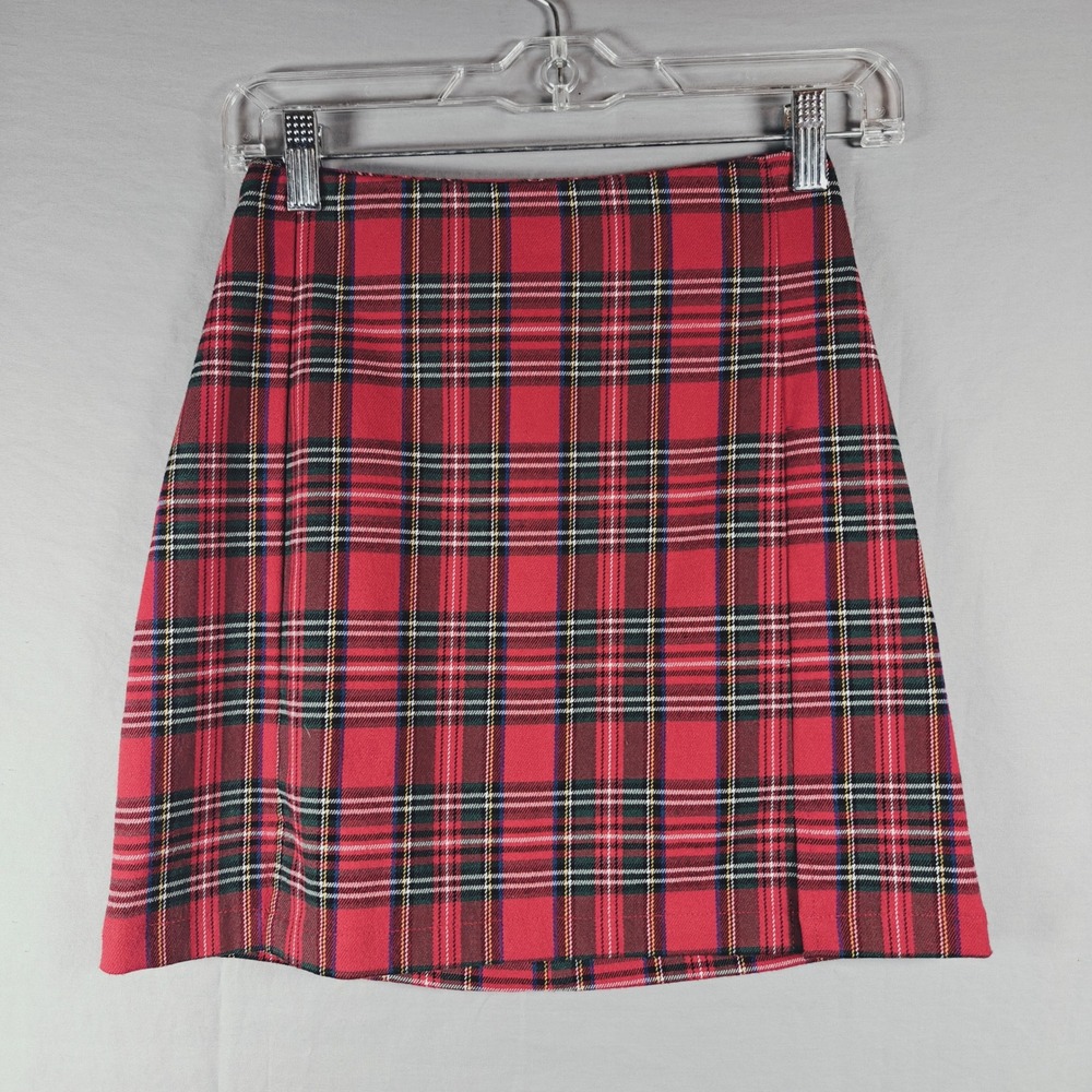 Brandy Melville Red‎ Plaid Mini Skirt Tartan Schoolgirl Side Slit One Size